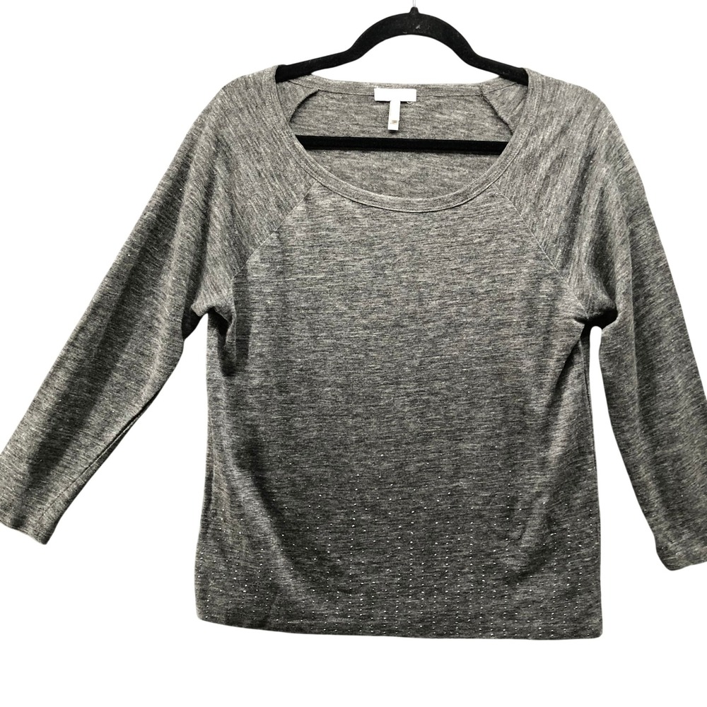 Joie Silk Linen Knit T-Shirt Womens XS Gray Scoop‎ Neck 3/4 Sleeve Beaded
